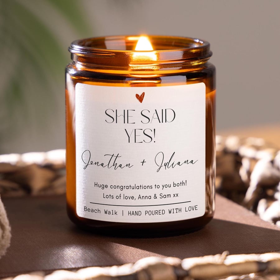 She Said Yes Personalised Scented Candle, Engagement Gift for Couple, Mr & Mrs