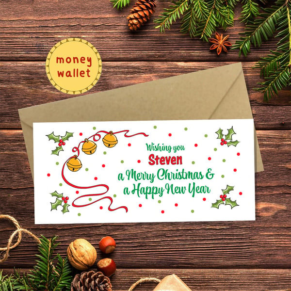 Christmas Sleigh Bells Money Wallet Card - cash gift, money envelope