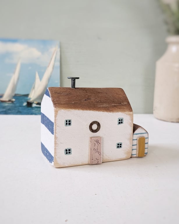 Handmade Painted Wooden Seaside Cottage with Teeny Stripy Shed