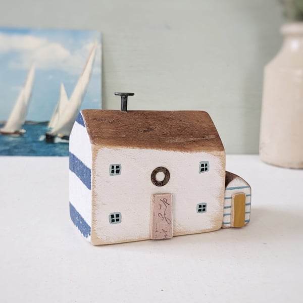 Handmade Painted Wooden Seaside Cottage with Teeny Stripy Shed