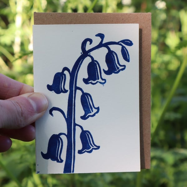 Handprinted linocut card featuring bluebells - miniature card