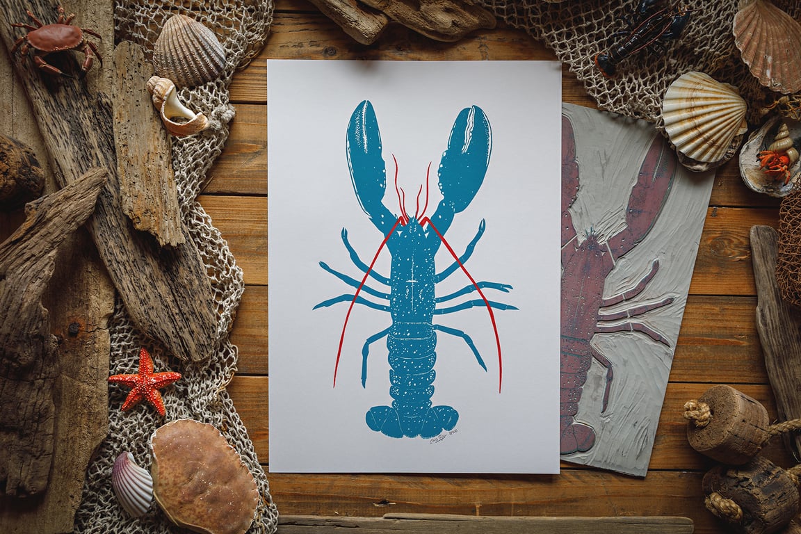 Blue lobster print A3