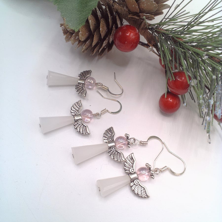 Pink and White Beaded Christmas Angel Earrings, Secret Santa, Christmas Earrings