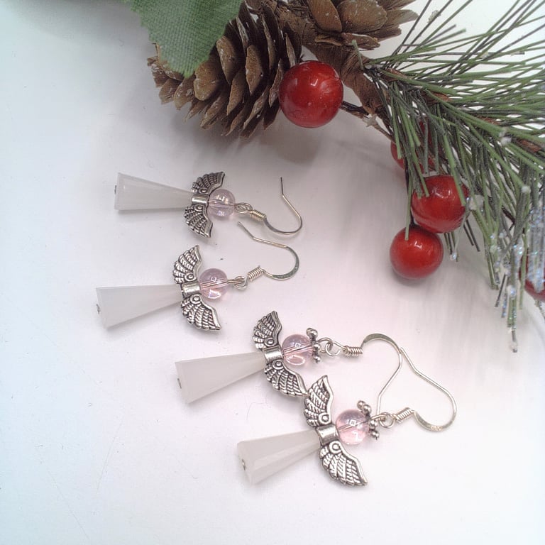 Pink and White Beaded Christmas Angel Earrings, Secret Santa, Christmas Earrings
