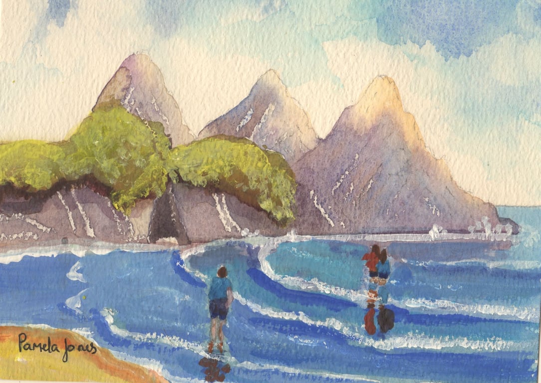 Bathers, Three Cliffs Bay, Gower, Original Watercolour, in 9 x 7 " Mount