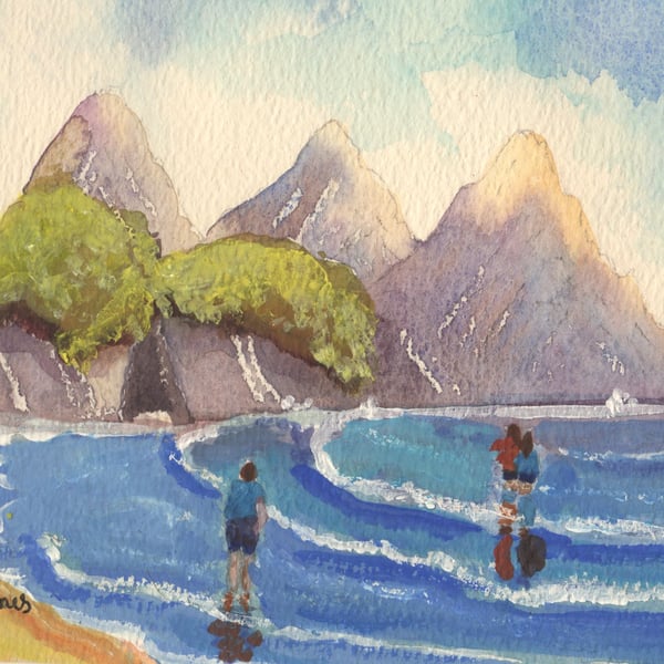 Bathers, Three Cliffs Bay, Gower, Original Watercolour, in 9 x 7 " Mount
