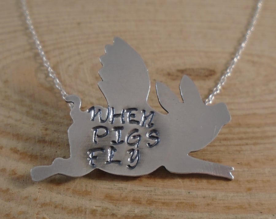 Sterling Silver Stamped 'When Pigs Fly' Flying Pig Necklace