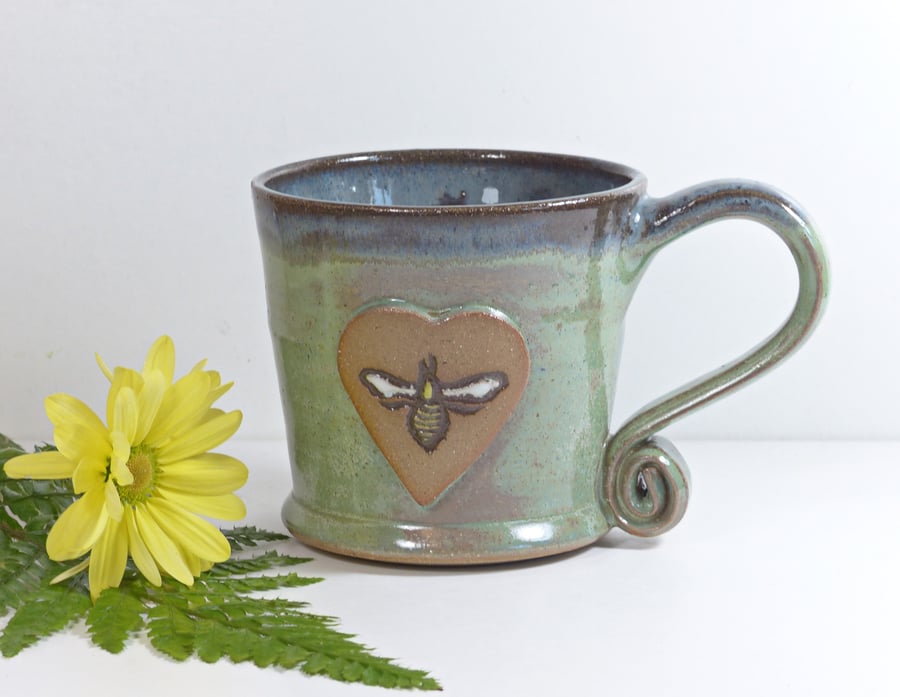 Lovely Green Bee Mug - Handmade Wheelthrown Stoneware Pottery