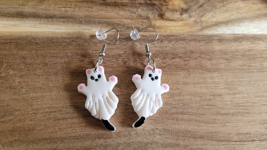 Polymer Clay Halloween Ghost Cat Earrings, 316 Surgical Stainless Steel