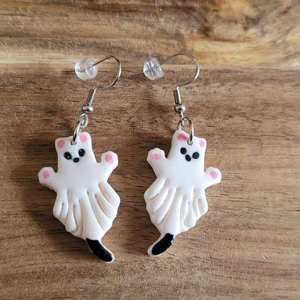 Polymer Clay Halloween Ghost Cat Earrings, 316 Surgical Stainless Steel