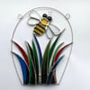 Stained Glass Bee over Grass Suncatcher - Handmade Window Decoration 