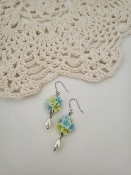 Handmade Hydrangea Polymer Clay Earrings - Bloom & Pearl Dangles
