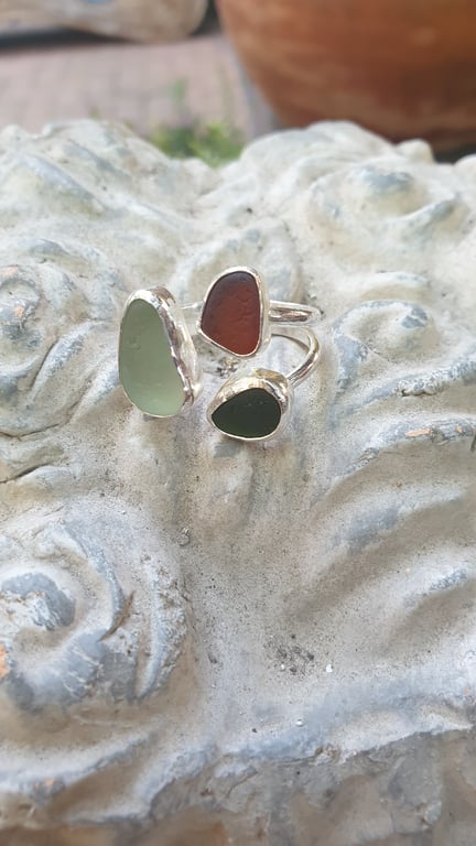 Unique 3 Seaham Seaglass Boho Style Sterling Silver Ring Full Hallmark