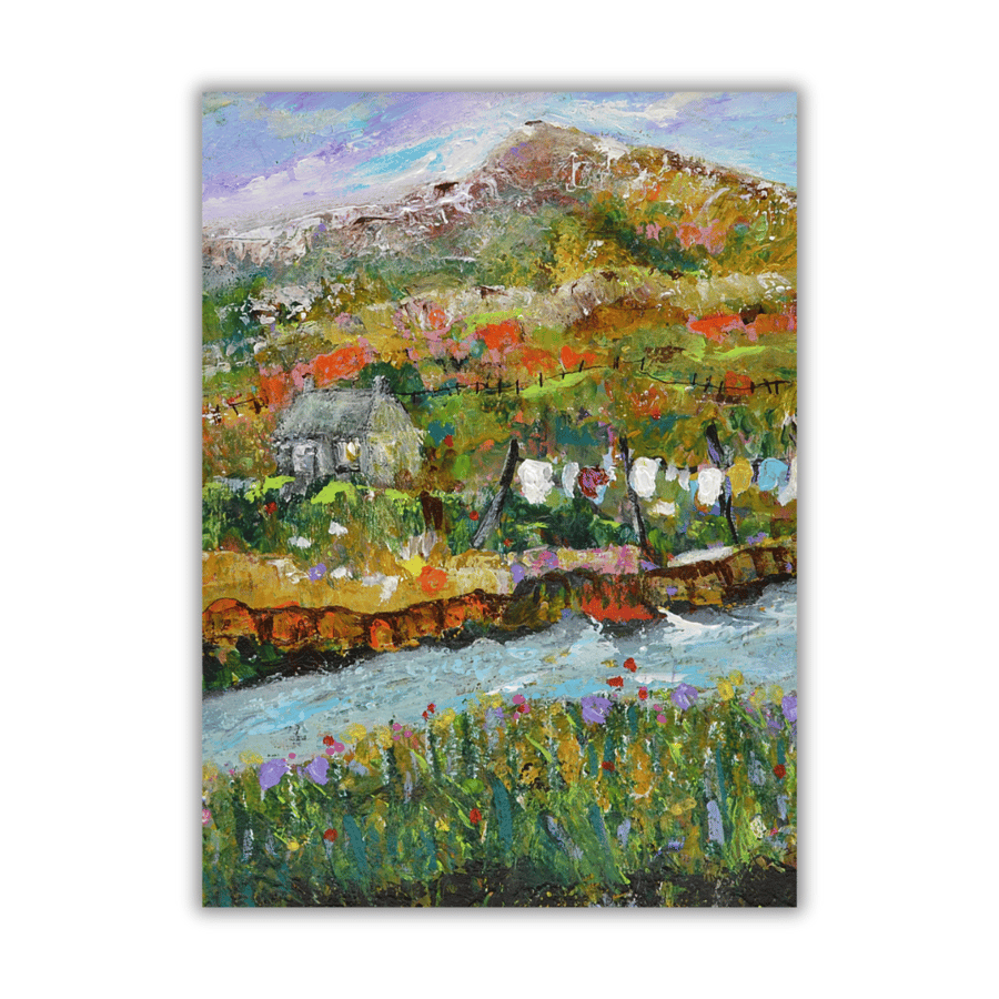 An acrylic landscape painting of a Scottish highland croft - washing day  