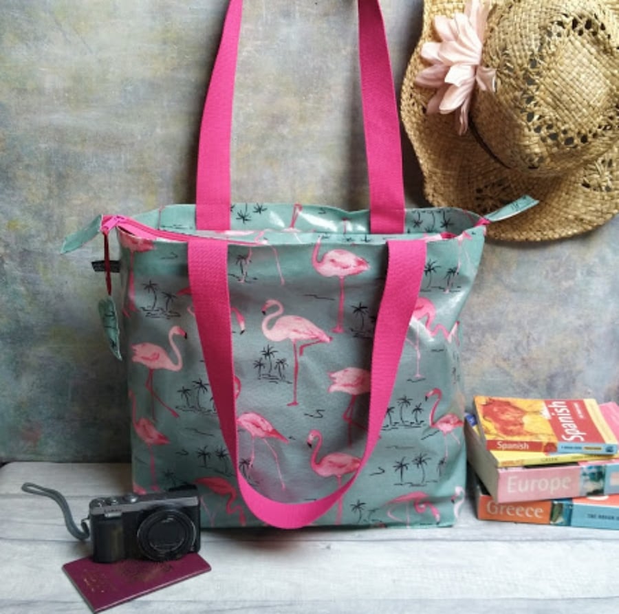 Large Oilcloth Flamingo Design Beach Bag or Holdall
