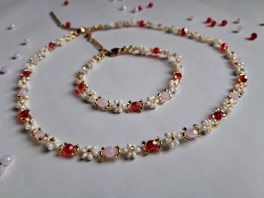 Red & Pink crystal Beaded Necklace & Bracelet set
