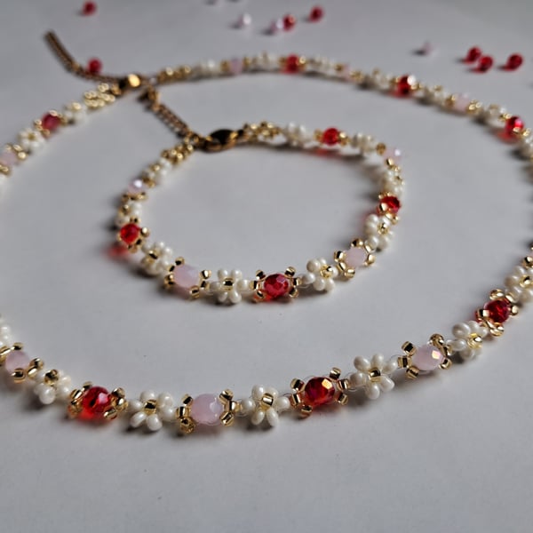 Red & Pink crystal Beaded Necklace & Bracelet set