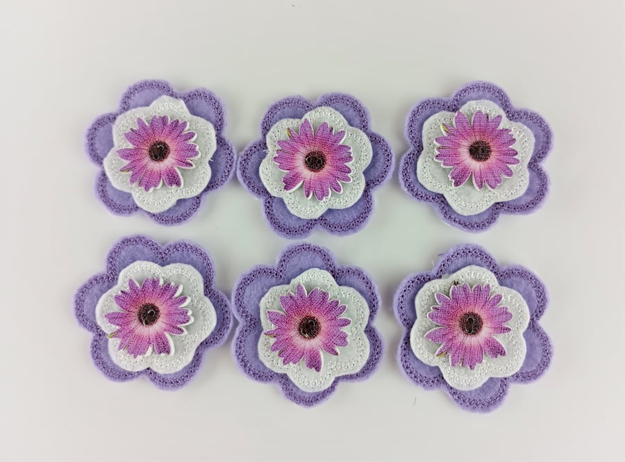 Flower embellishments - set of 6 felt and wood flowers in purple & white