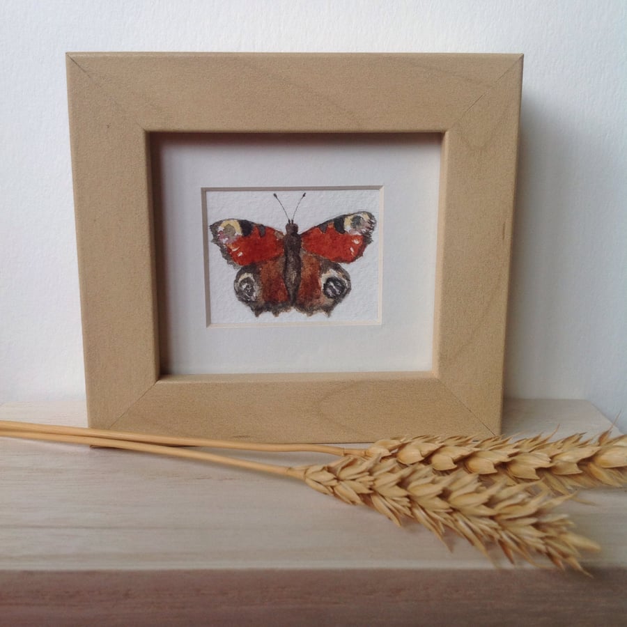 Original watercolour framed Peacock butterfly