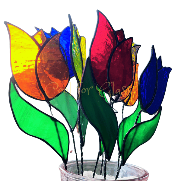 Stained glass tulip with leaf on twisted wire stem