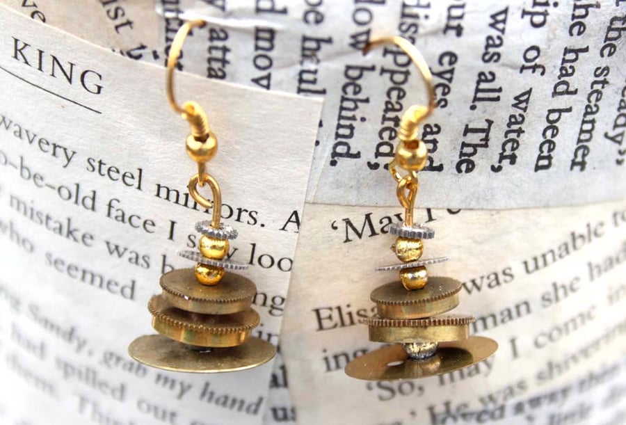 SALE Steampunk Vintage Watch Part Gold Dangle Hook Earrings