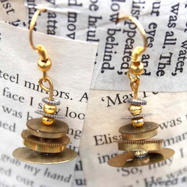 SALE Steampunk Vintage Watch Part Gold Dangle Hook Earrings