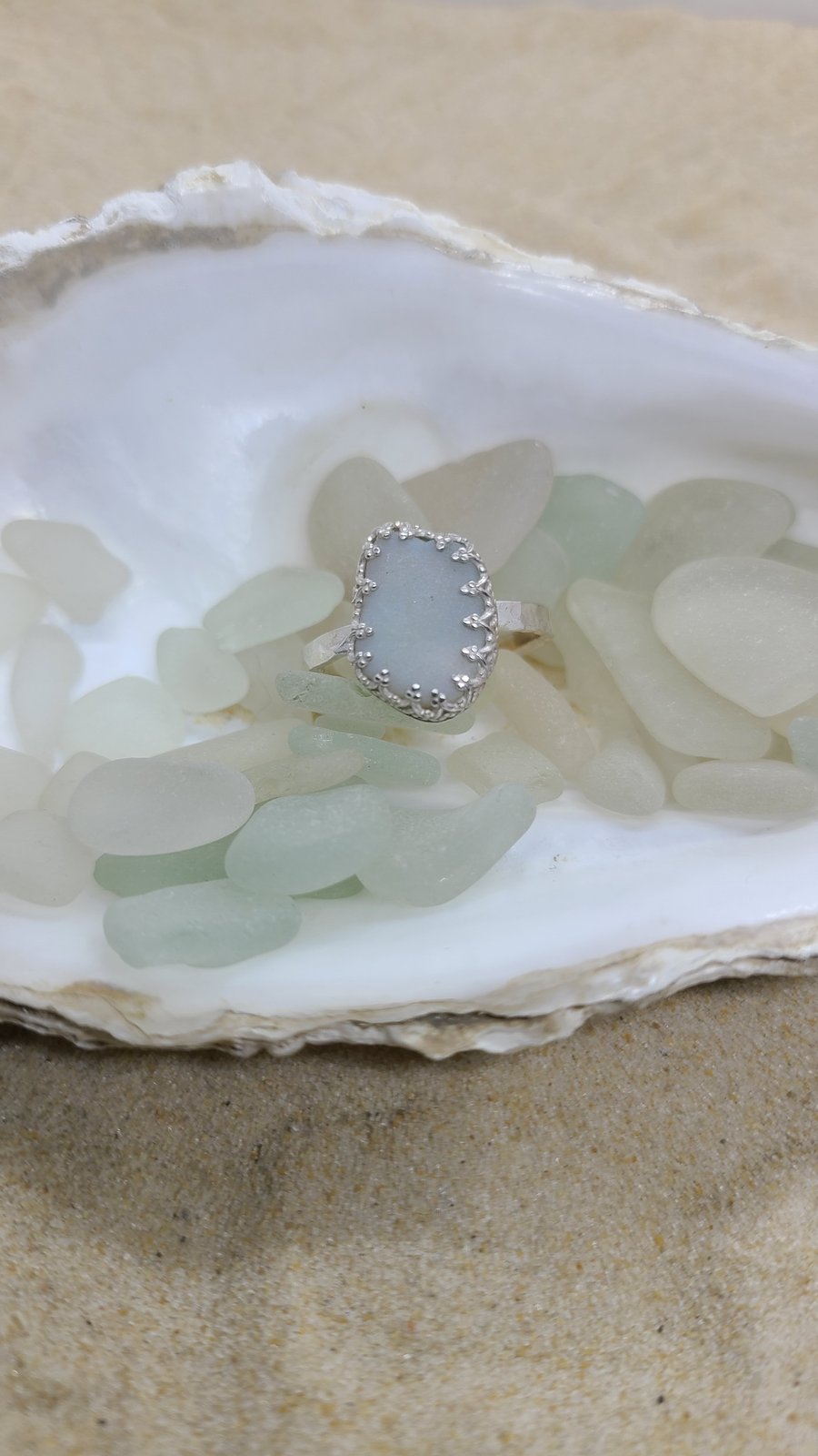 Milky opal sea glass and silver ring SG5