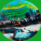 Large Wall Clock, Northen Lights over a winter Mountain Scene and Waterfall