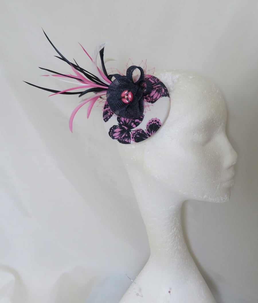 Navy & Fuchsia Pink White Butterfly Cocktail Retro Percher Hat Fascinator 