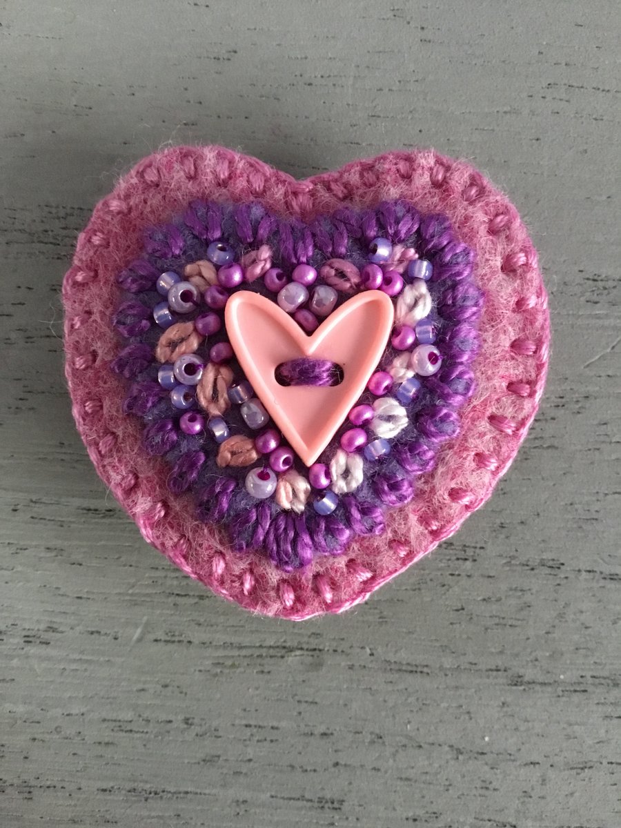 Hand Embroidered Pink Heart Brooch 