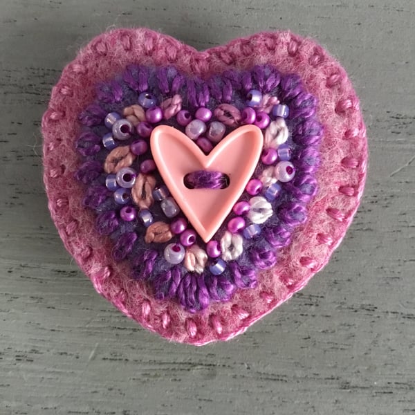 Hand Embroidered Pink Heart Brooch 