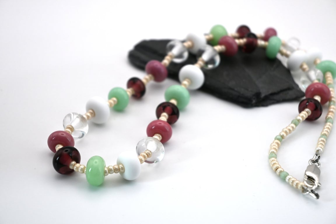 purple, pink and green lampwork glass necklace