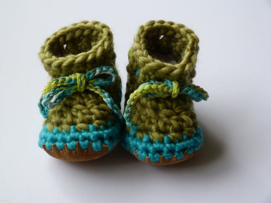 Wool & leather baby boots Lime Turquoise 3-6 months