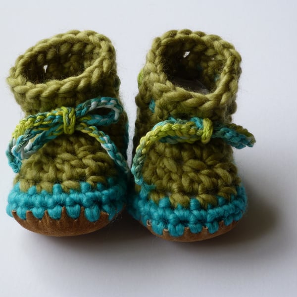 Wool & leather baby boots Lime Turquoise 3-6 months