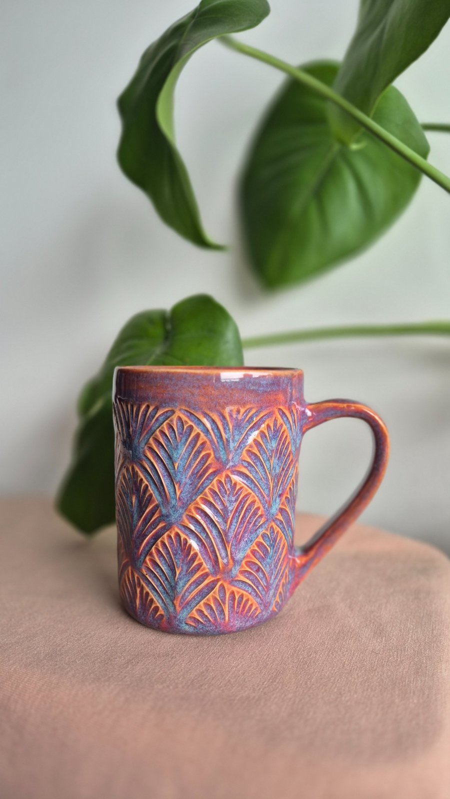 Handmade, Hand Carved Ceramic Stoneware Mug