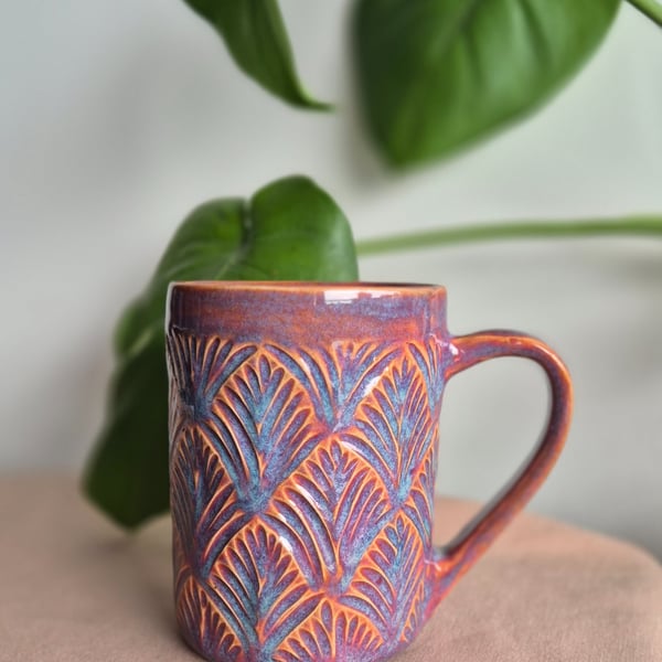 Handmade, Hand Carved Ceramic Stoneware Mug