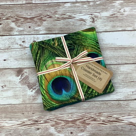 Peacock feather coaster set, Fabric coaster set of 4, Handmade