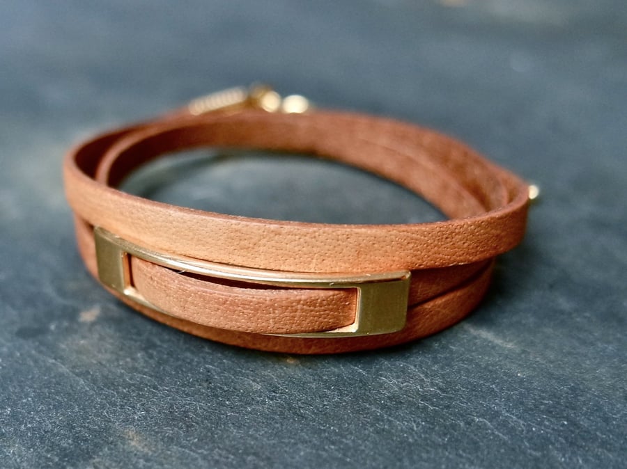 Leather wrap bracelet - rectangular slider tan gold