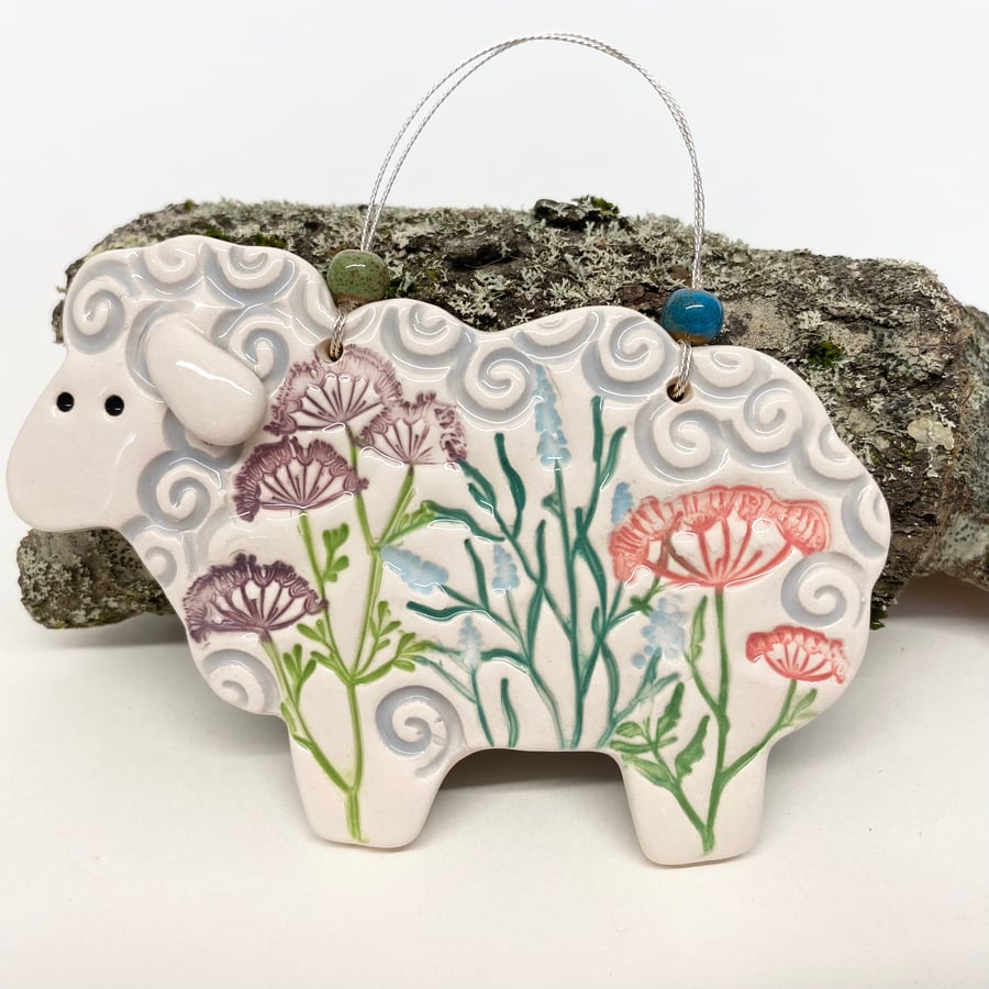 Ceramic sheep hanging decoration floral pink