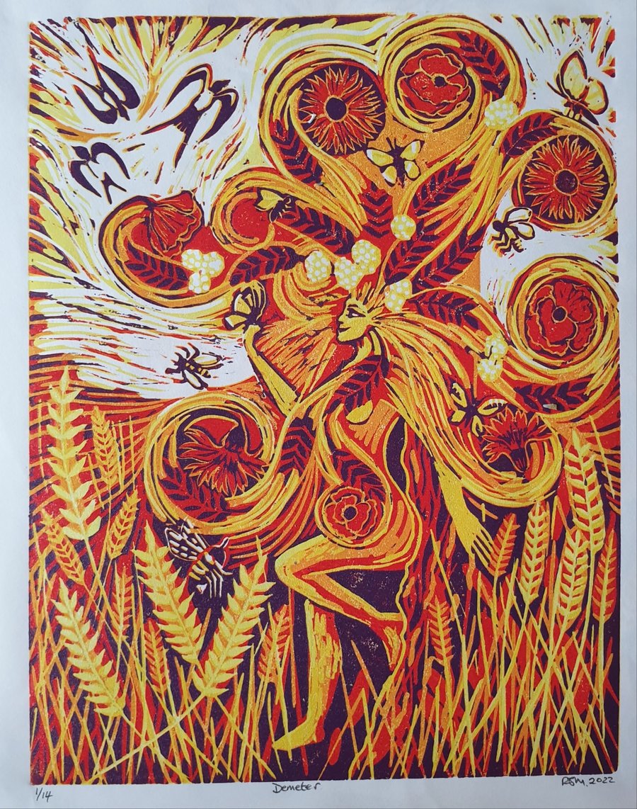 Demeter, Goddess, limited edition reduction lino print 
