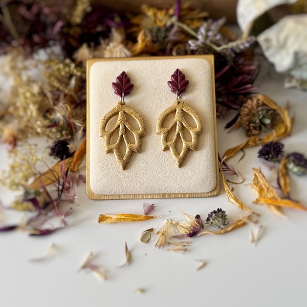 Burgundy Ornate Leaves & Golden Leaf Outline Earrings 