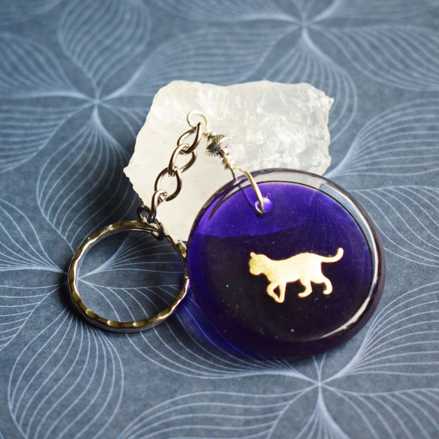 Cat Keyring with Gold Cat on a Purple Background, Cat Lover Gift