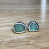 Handmade Green-Blue Welsh Sea Glass & Silver Stud Earrings