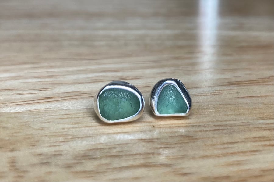 Handmade Green-Blue Welsh Sea Glass & Silver Stud Earrings