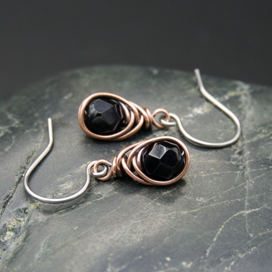Copper Wire Wrapped Earrings with Faceted Black Glass Beads