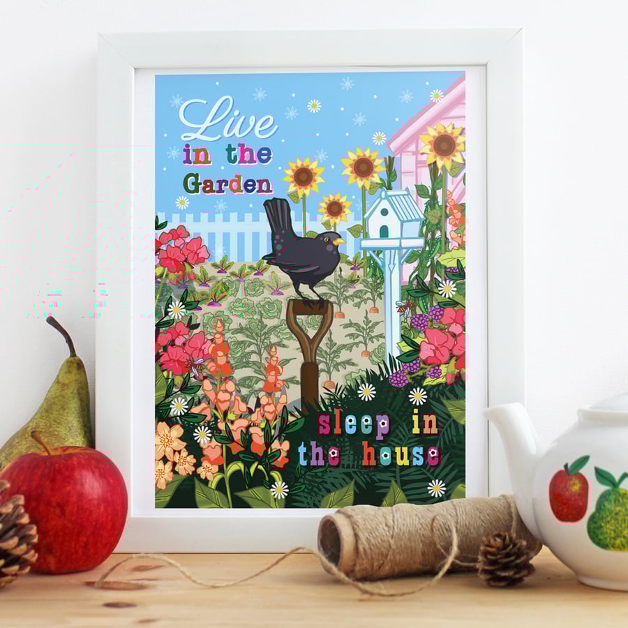 'Live In The Garden' 10x8" Framed Illustration Print