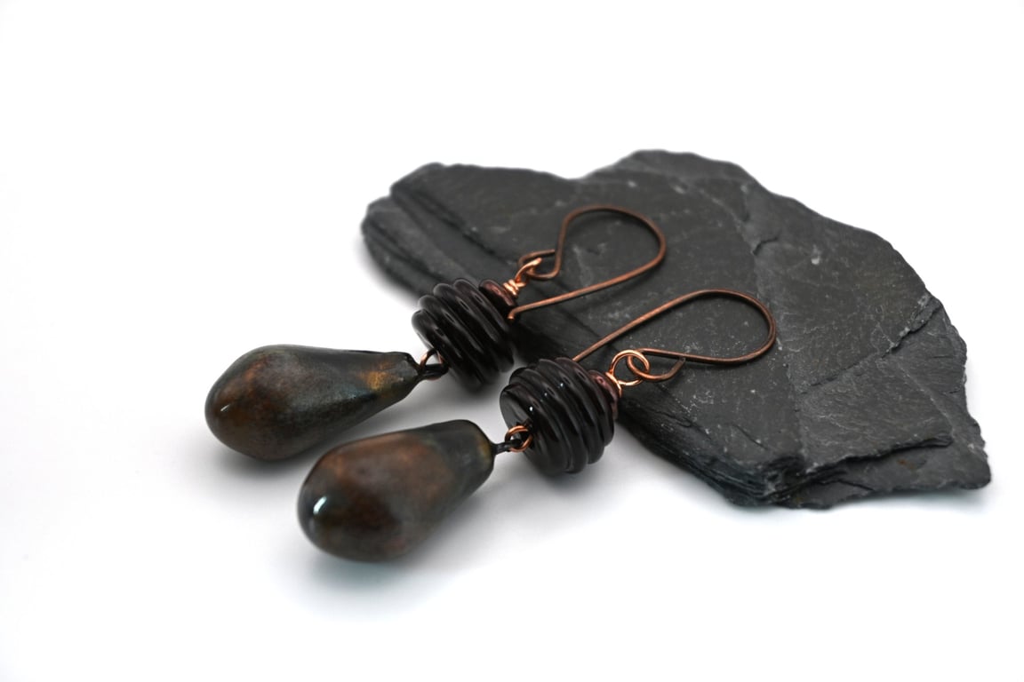 copper, glass and brown ceramic drop earrings