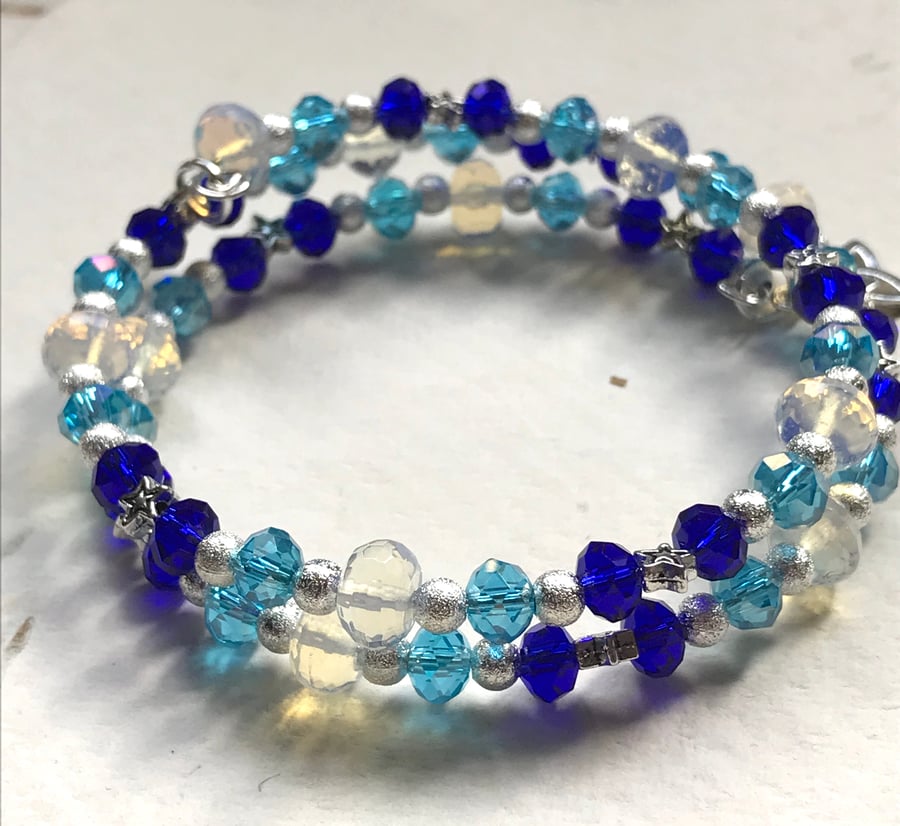 Blue Celtic Goddess Moonstone Beaded Memory Wire Bracelet