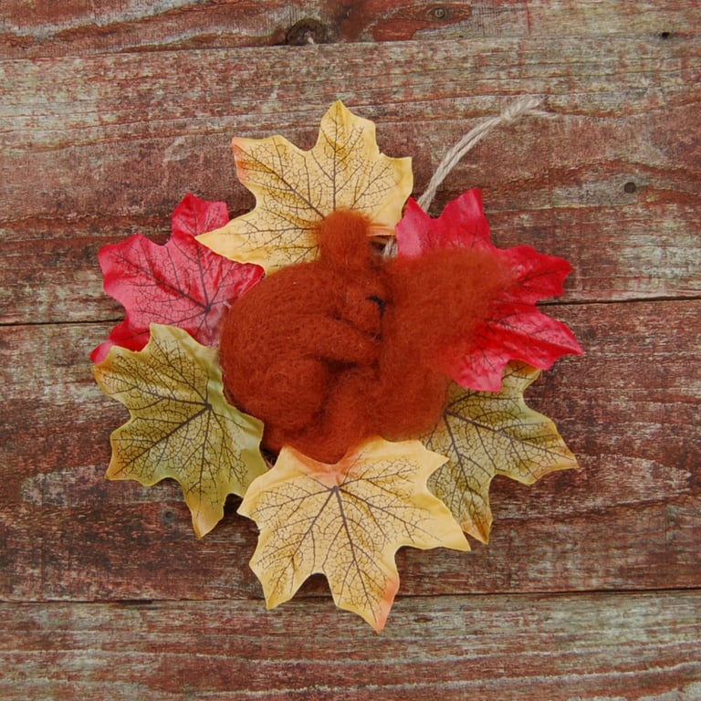 Baby Red Squirrel Displayed in Leaf Nest. Fibre Art Squirrel Needlefelt Squirrel