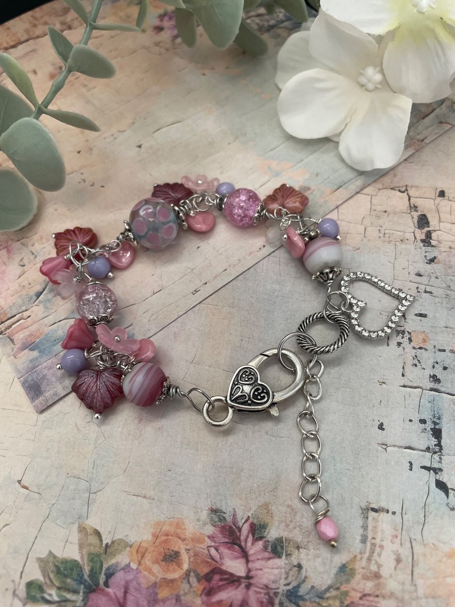 Handcrafted Romantic Pink & Lavender Floral beaded Charm Bracelet, gift for her 